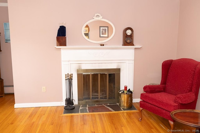 living area with wood-type flooring and baseboard heating