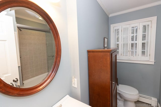 bathroom featuring a baseboard radiator, ornamental molding, a tile shower, and toilet