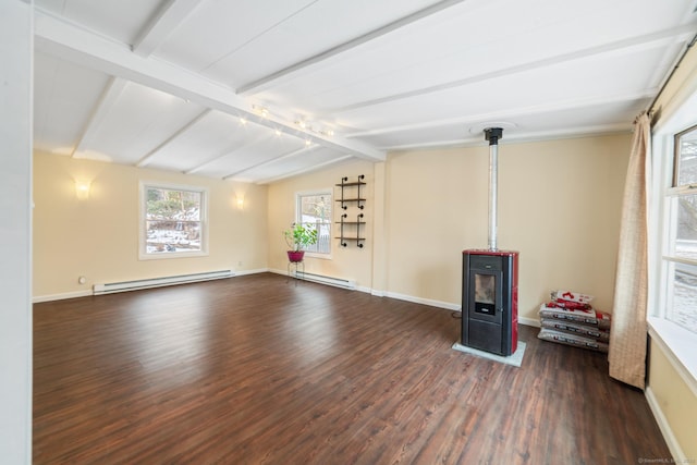 interior space featuring baseboard heating, dark hardwood / wood-style floors, a wood stove, and vaulted ceiling with beams