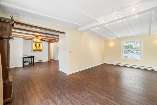 empty room featuring baseboard heating, dark hardwood / wood-style floors, and vaulted ceiling with beams