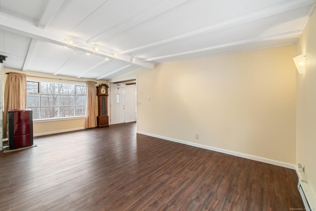 spare room with baseboard heating, dark hardwood / wood-style flooring, and lofted ceiling with beams