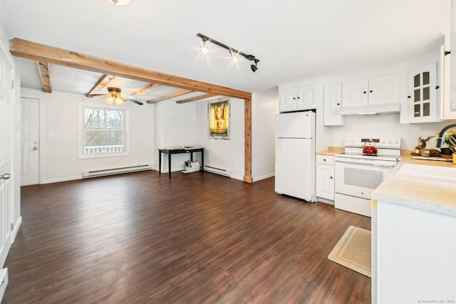 kitchen featuring baseboard heating, white appliances, and white cabinets