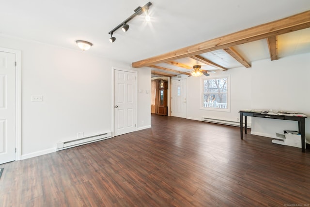 unfurnished living room with dark hardwood / wood-style floors, beam ceiling, and a baseboard heating unit