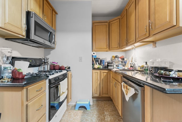 kitchen with stainless steel appliances, dark stone countertops, and a sink