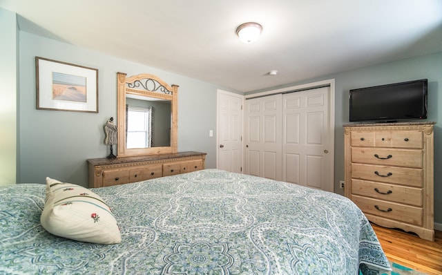 bedroom with hardwood / wood-style floors and a closet