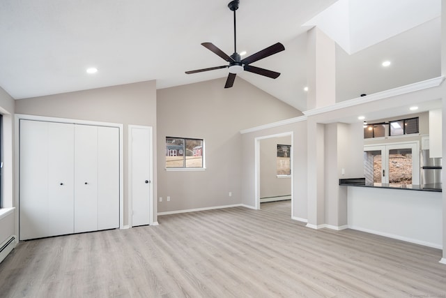 unfurnished living room with a ceiling fan, baseboards, a baseboard radiator, recessed lighting, and light wood-style floors