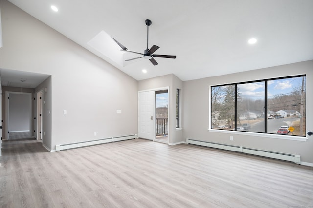 unfurnished living room featuring high vaulted ceiling, light wood-type flooring, ceiling fan, and a baseboard radiator