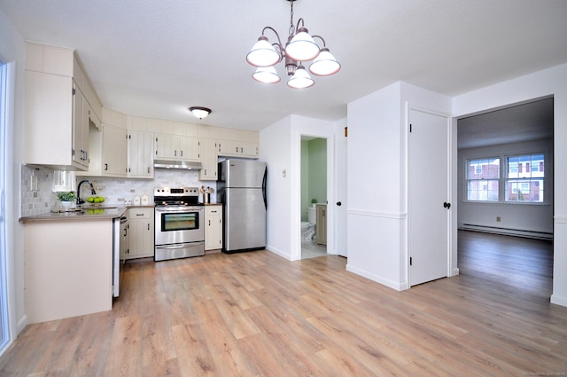 kitchen with sink, white cabinetry, decorative light fixtures, baseboard heating, and stainless steel appliances