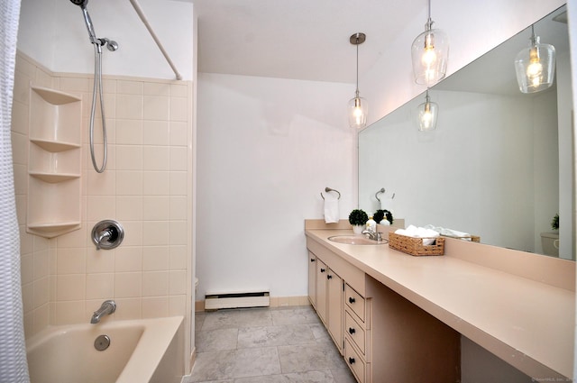 full bathroom with vanity, a baseboard radiator, toilet, and shower / bath combo with shower curtain