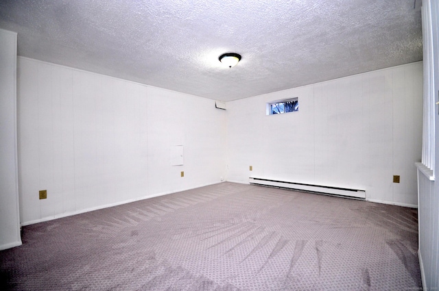 unfurnished room with carpet flooring, a textured ceiling, and baseboard heating