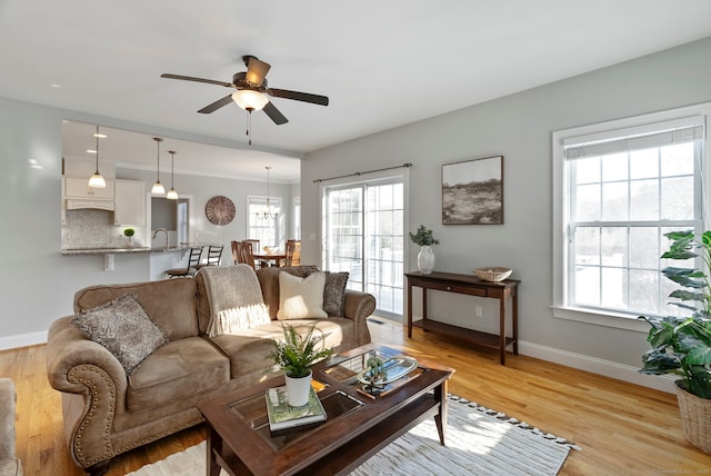 living room featuring ceiling fan and light wood-type flooring