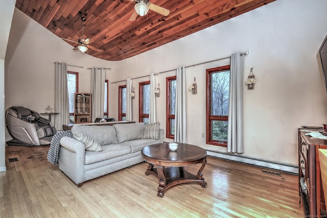 living room with wood ceiling, vaulted ceiling, light hardwood / wood-style flooring, a baseboard radiator, and ceiling fan