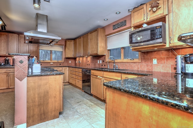 kitchen featuring tasteful backsplash, island range hood, black dishwasher, and sink