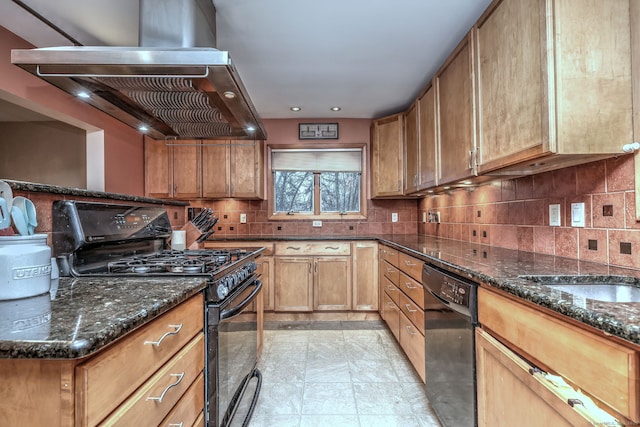 kitchen with backsplash, island range hood, black appliances, and dark stone counters