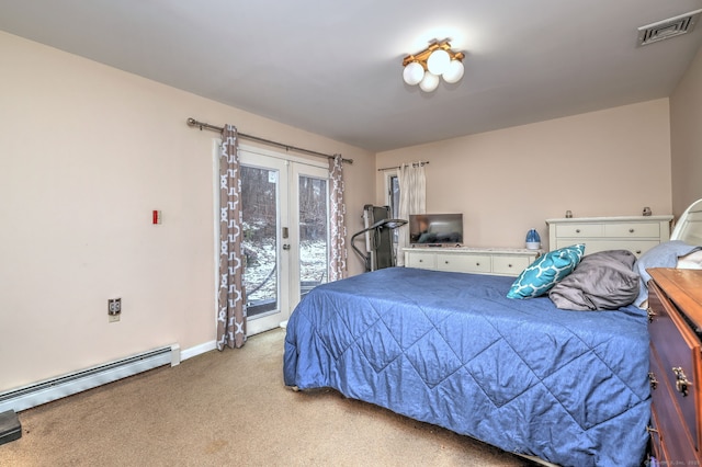 bedroom with access to exterior, a baseboard radiator, french doors, and carpet flooring