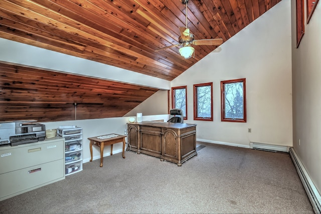 unfurnished office featuring lofted ceiling, carpet floors, a baseboard heating unit, ceiling fan, and wooden ceiling