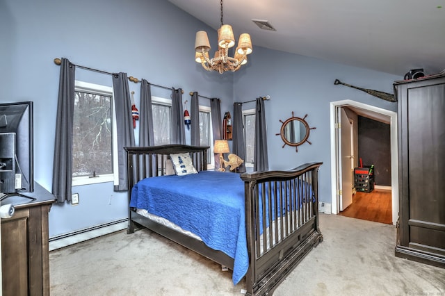 carpeted bedroom featuring lofted ceiling, an inviting chandelier, and baseboard heating