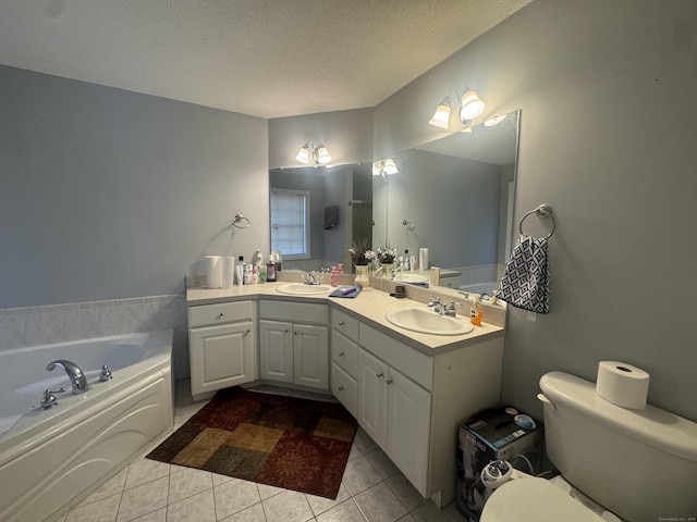 full bath with a bath, tile patterned floors, toilet, and a sink