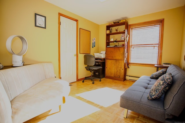 living room featuring a baseboard radiator and light parquet flooring