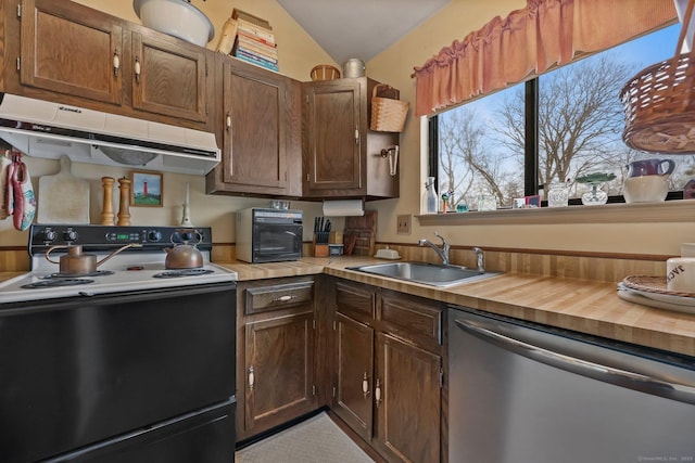 kitchen featuring electric stove, sink, stainless steel dishwasher, and lofted ceiling