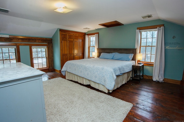 bedroom featuring dark hardwood / wood-style flooring, vaulted ceiling, and a closet