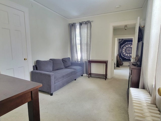 living room featuring ornamental molding and carpet flooring