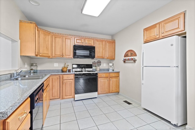 kitchen with light brown cabinetry, sink, light tile patterned floors, and black appliances