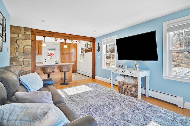 living room with a wealth of natural light and baseboard heating