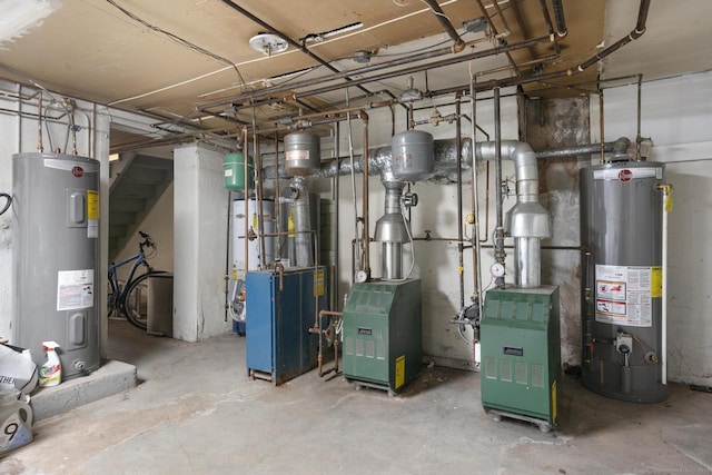 utility room featuring gas water heater and electric water heater