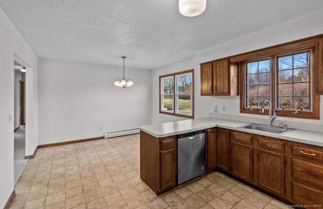 kitchen featuring sink, baseboard heating, hanging light fixtures, stainless steel dishwasher, and kitchen peninsula