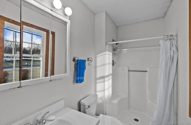 bathroom with toilet, vanity, and walk in shower