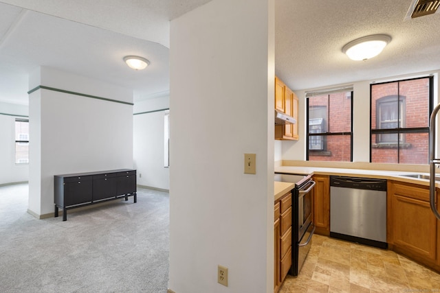 kitchen with light carpet, a textured ceiling, and appliances with stainless steel finishes