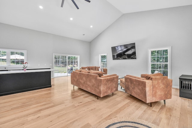 living room featuring light hardwood / wood-style flooring and high vaulted ceiling