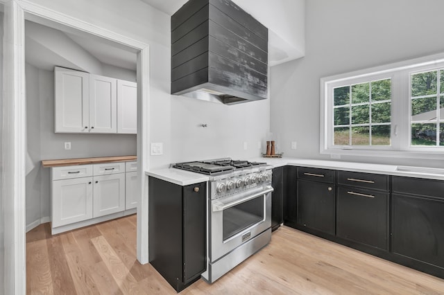 kitchen featuring high end stainless steel range, sink, custom range hood, light hardwood / wood-style floors, and white cabinets