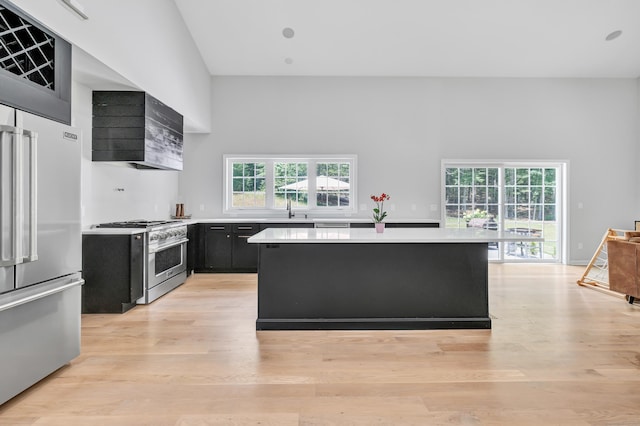 kitchen with a healthy amount of sunlight, a center island, high quality appliances, and light wood-type flooring