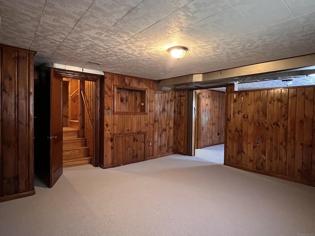 basement featuring carpet flooring and wooden walls