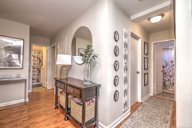 hallway with hardwood / wood-style floors