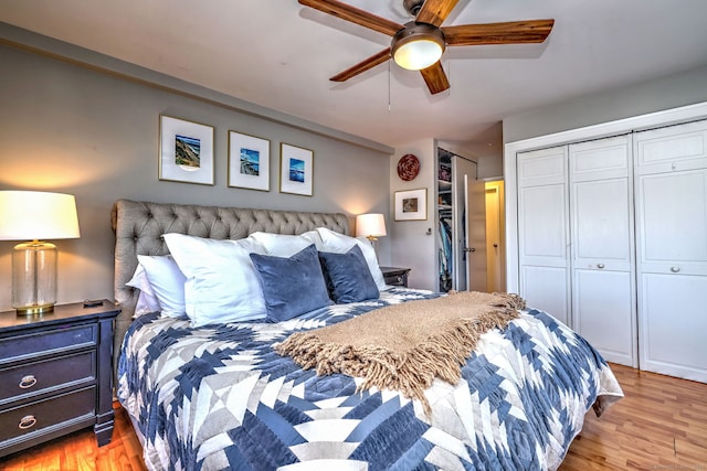 bedroom featuring ceiling fan and light wood-type flooring