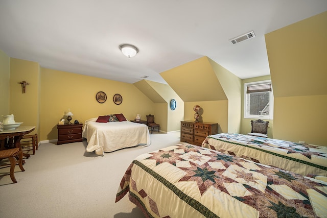 carpeted bedroom featuring vaulted ceiling