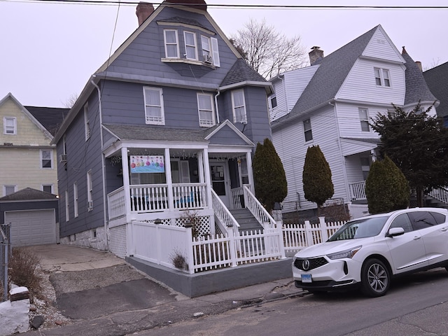 232 Hillside Ave, Waterbury, CT 06710 - victorian house with a porch, asphalt driveway, a garage, a chimney, and an outdoor structure