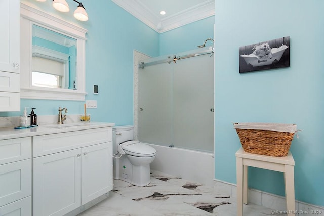 464 Park Blvd, Stratford, CT 06615 - bathroom featuring marble finish floor, shower / bath combination with glass door, crown molding, toilet, and vanity
