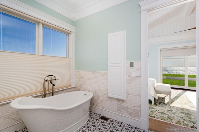 464 Park Blvd, Stratford, CT 06615 - full bathroom with a wainscoted wall, crown molding, tile walls, and a freestanding bath