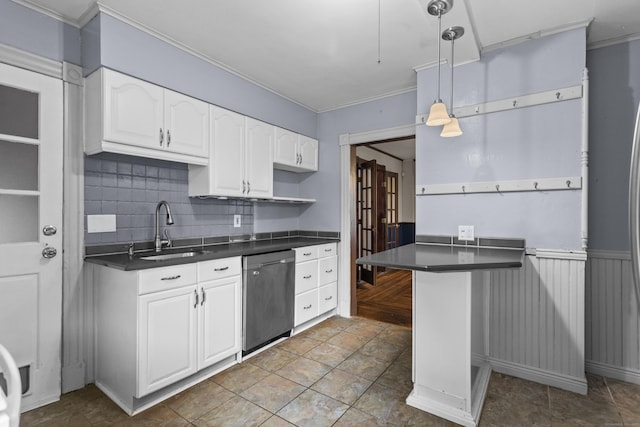 kitchen with decorative light fixtures, dishwasher, sink, white cabinets, and ornamental molding