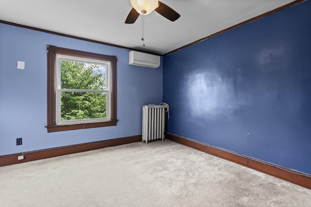 carpeted empty room with radiator heating unit, ornamental molding, and an AC wall unit