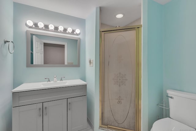 bathroom with vanity, toilet, and a shower with shower door