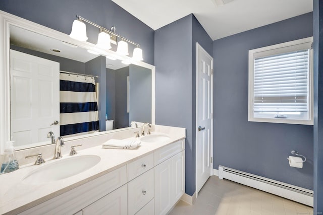 bathroom featuring toilet, a shower with curtain, a baseboard radiator, vanity, and tile patterned flooring