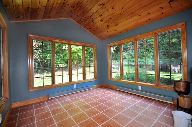 unfurnished sunroom featuring lofted ceiling, a baseboard radiator, and wood ceiling