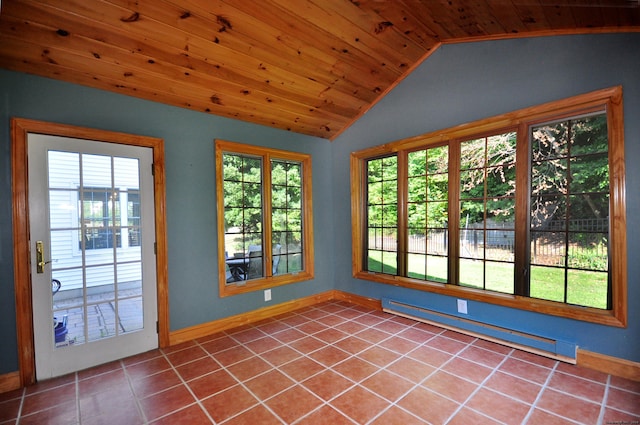 unfurnished sunroom featuring lofted ceiling, baseboard heating, and wood ceiling