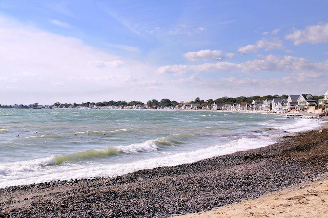 property view of water featuring a beach view