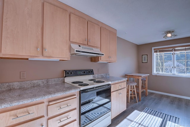 kitchen featuring white electric range, dark wood-type flooring, and light brown cabinetry